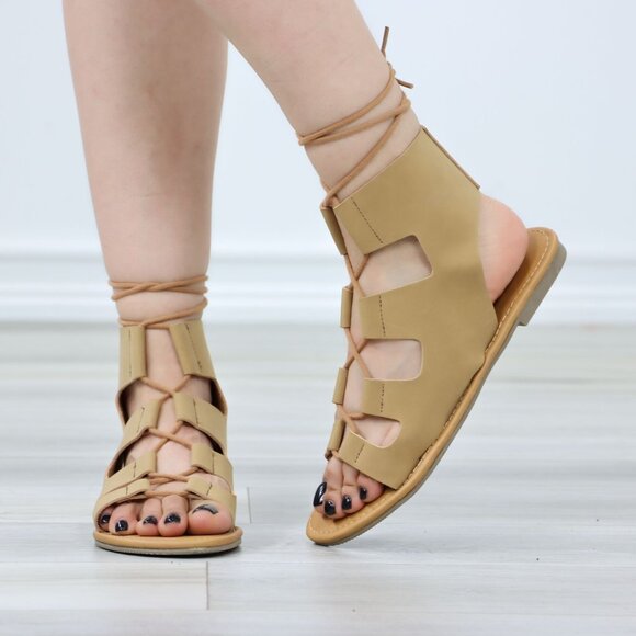 Gray Gladiator Laced-Up Bootie Style Flat Sandals - Picture 10 of 11